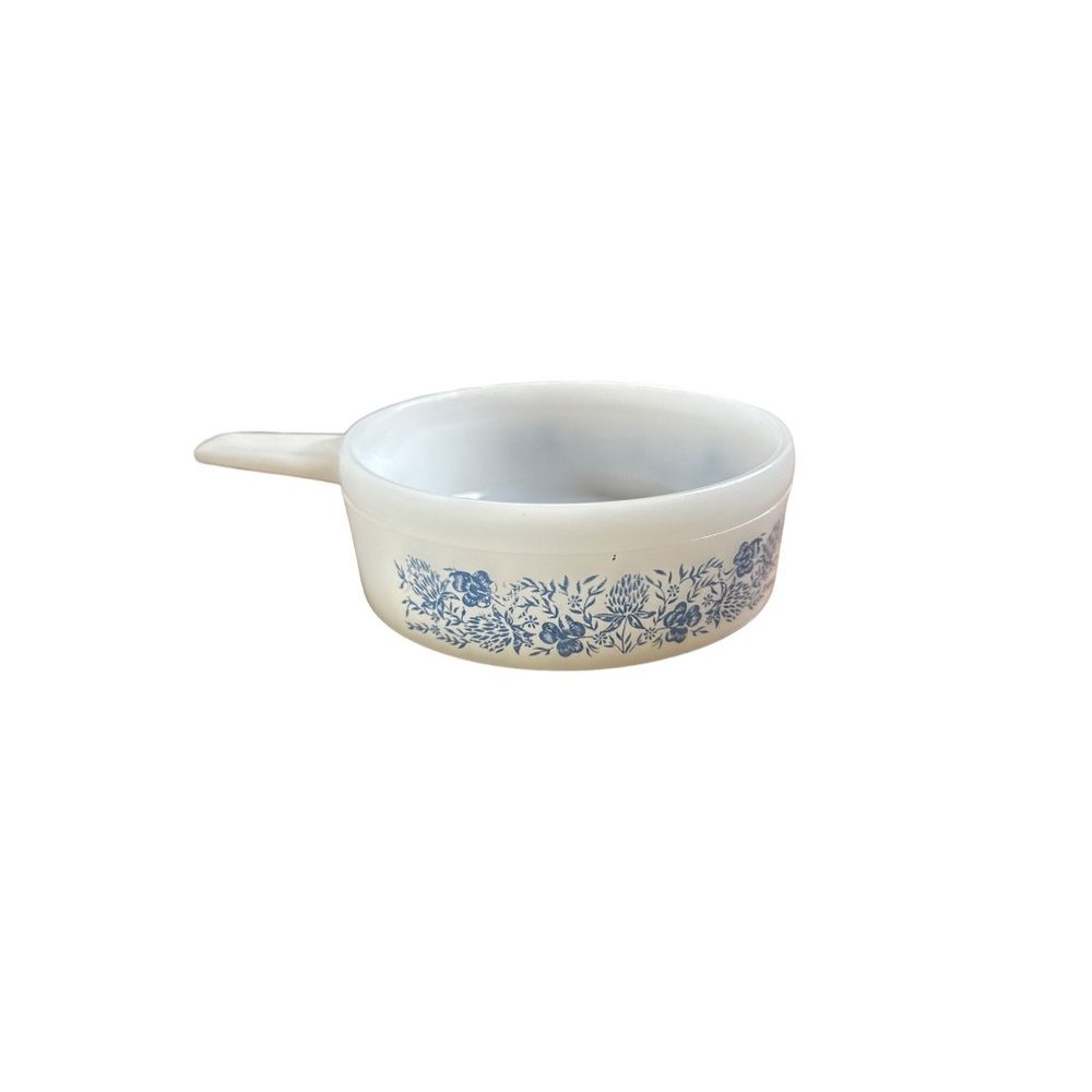 VTG 14 oz Rare GlassBake Blue Clover Bowl with Handle